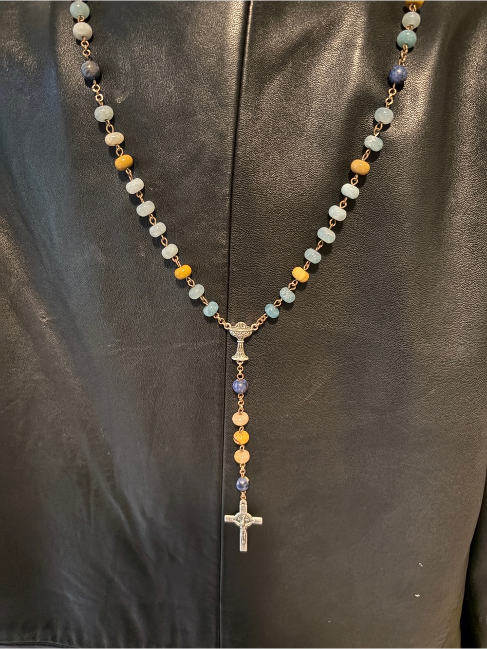 Beaded handcrafted Rosary-Style Cross Necklace in Light Blue and Mustard